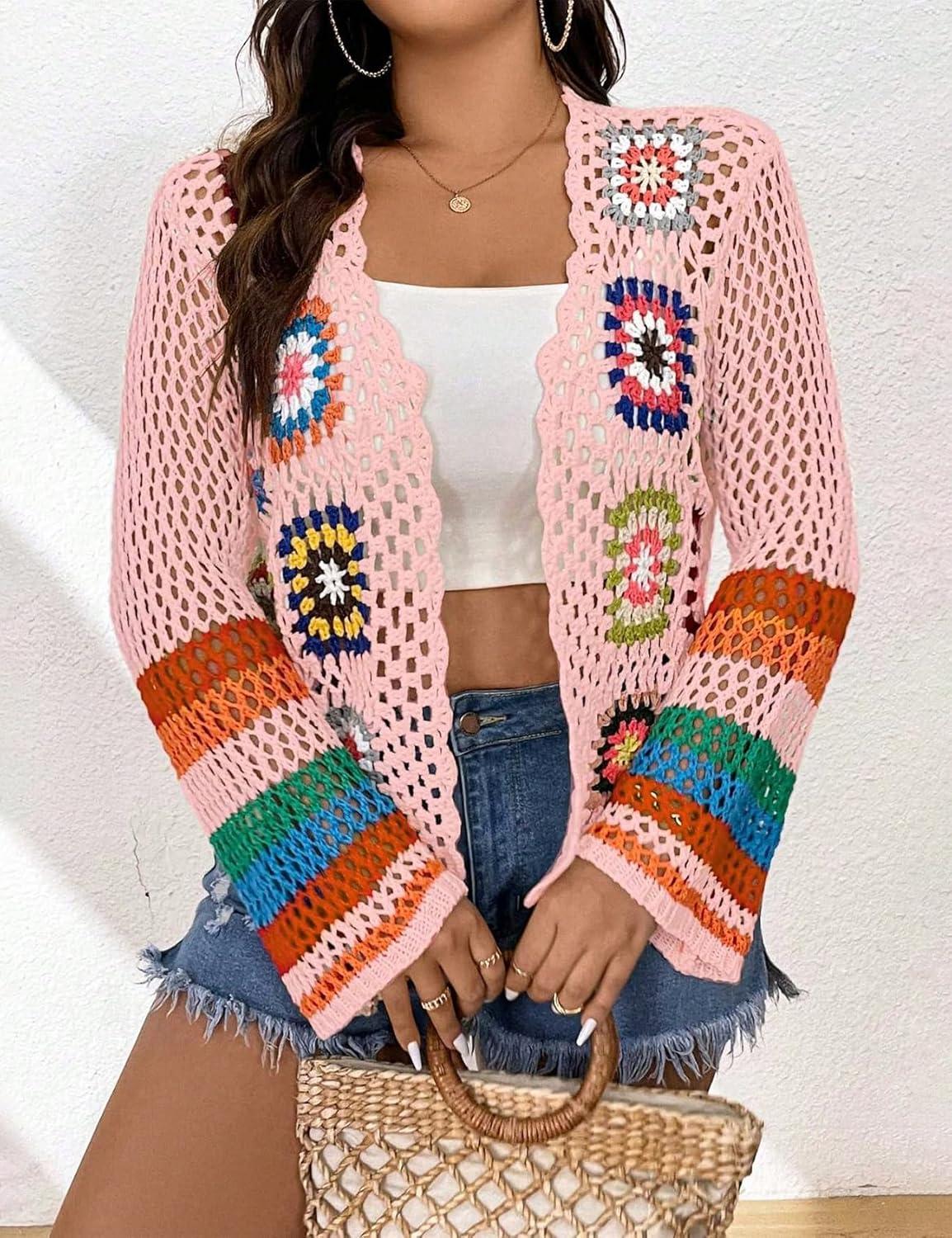 imageWomens Floral Crochet Cardigan Boho Hollow Out Sweater CardiganPink