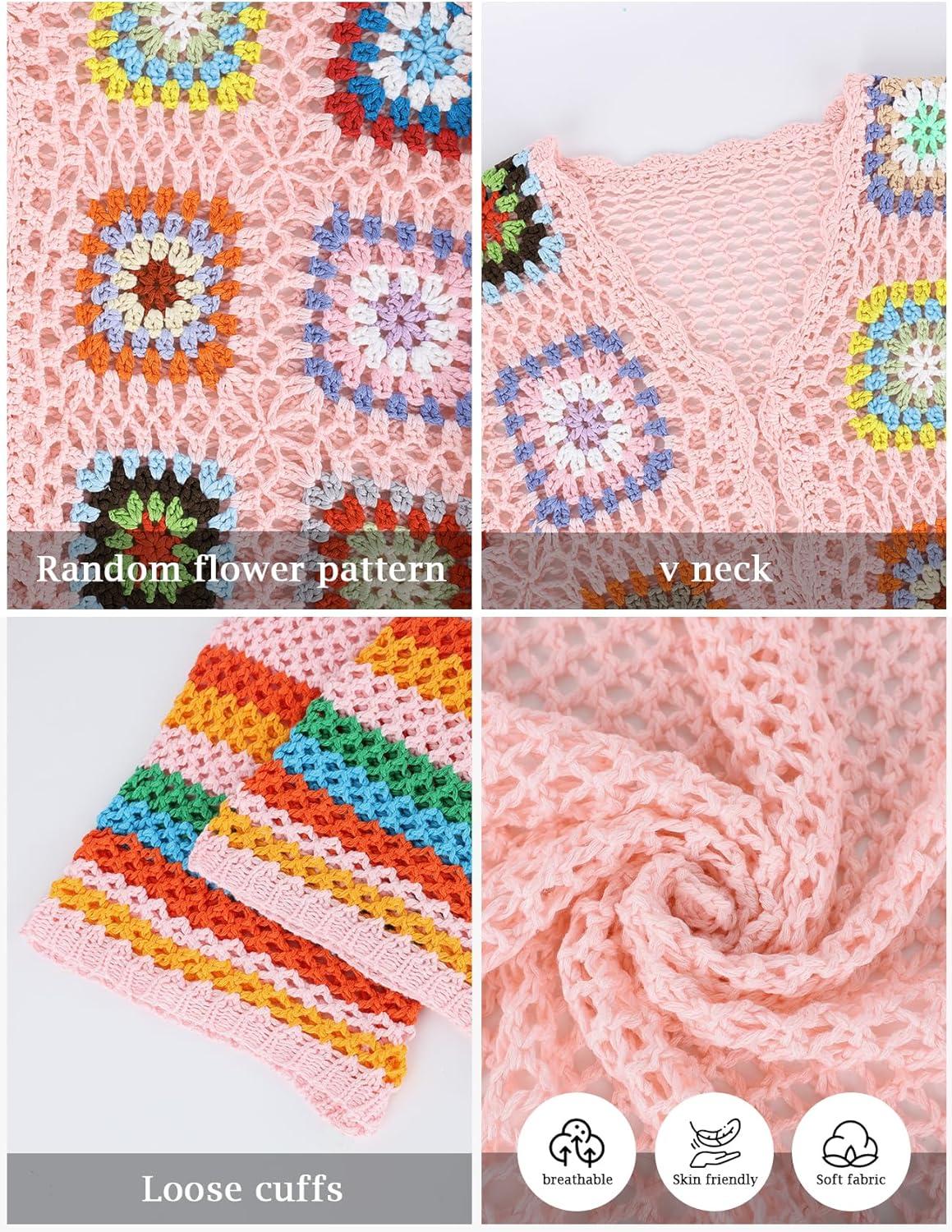 imageWomens Floral Crochet Cardigan Boho Hollow Out Sweater CardiganPink