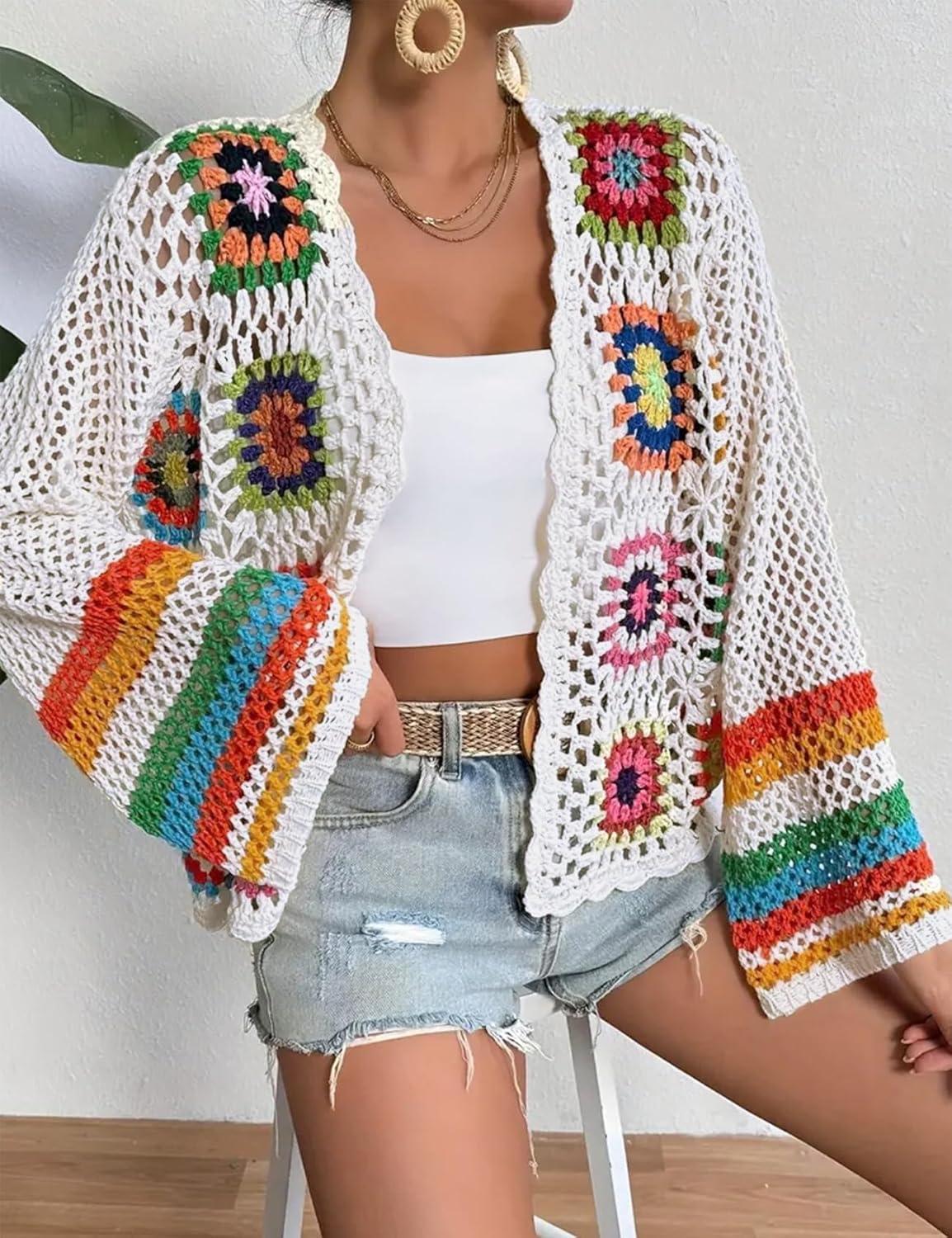 imageWomens Floral Crochet Cardigan Boho Hollow Out Sweater CardiganWhite