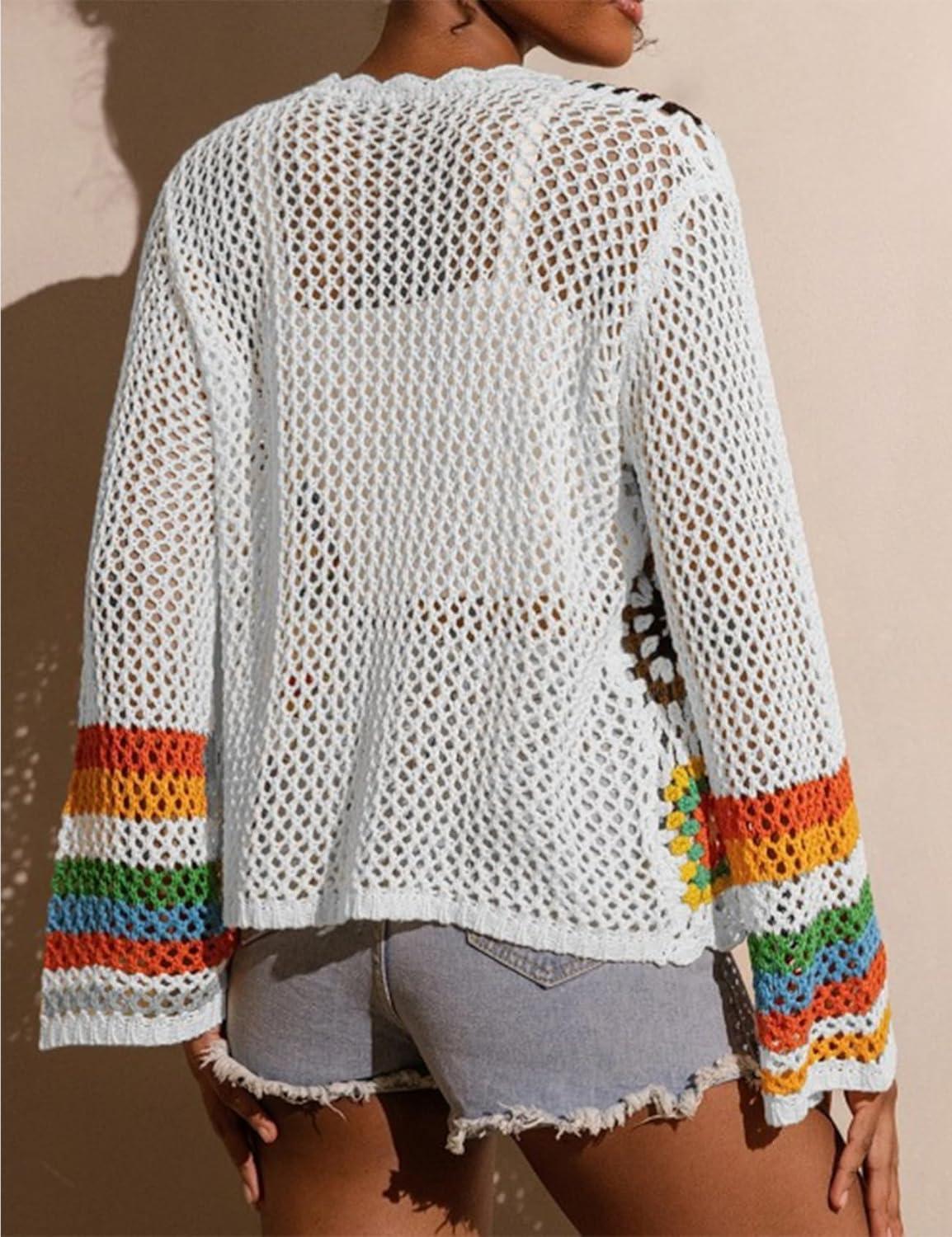 imageWomens Floral Crochet Cardigan Boho Hollow Out Sweater CardiganWhite