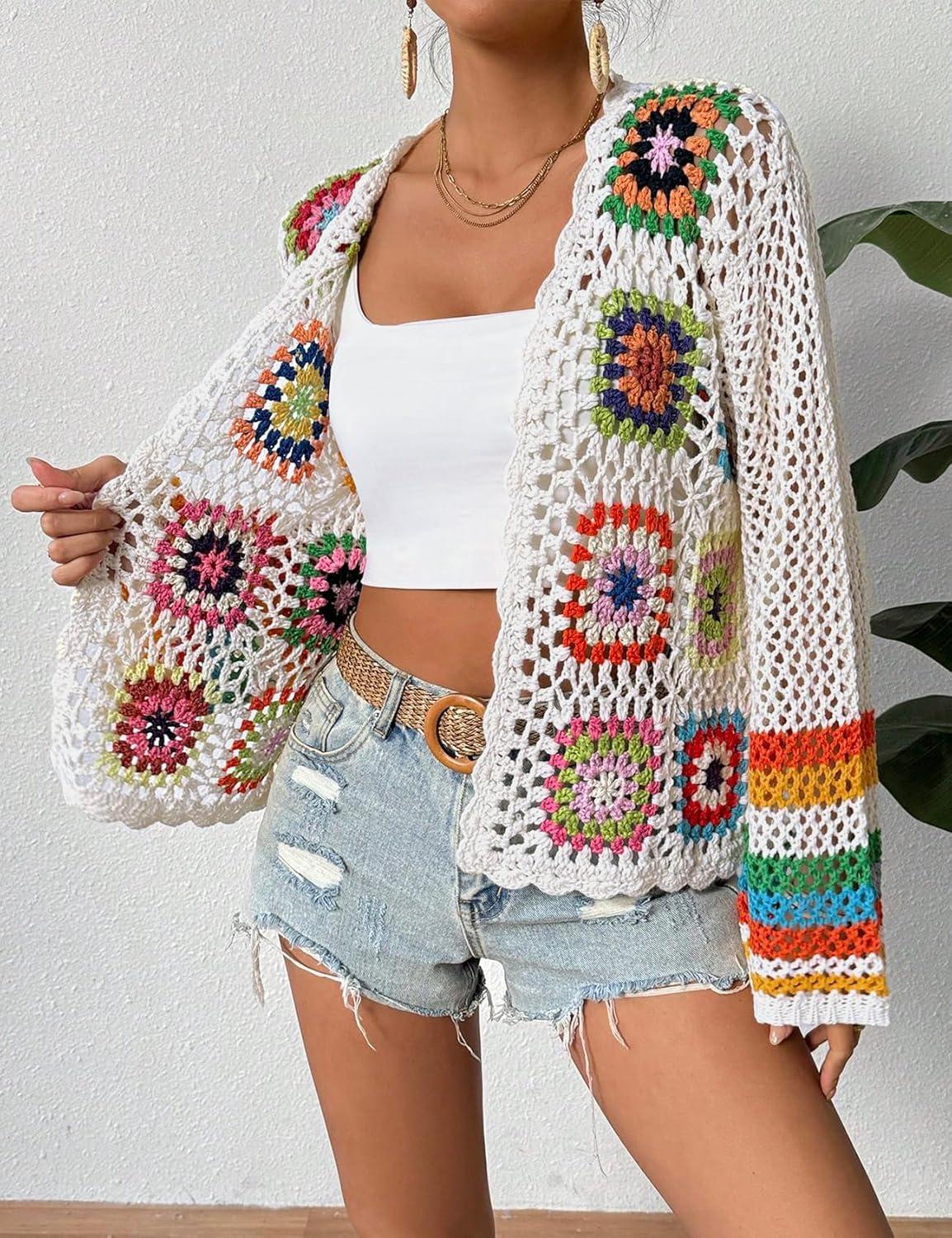 imageWomens Floral Crochet Cardigan Boho Hollow Out Sweater CardiganWhite