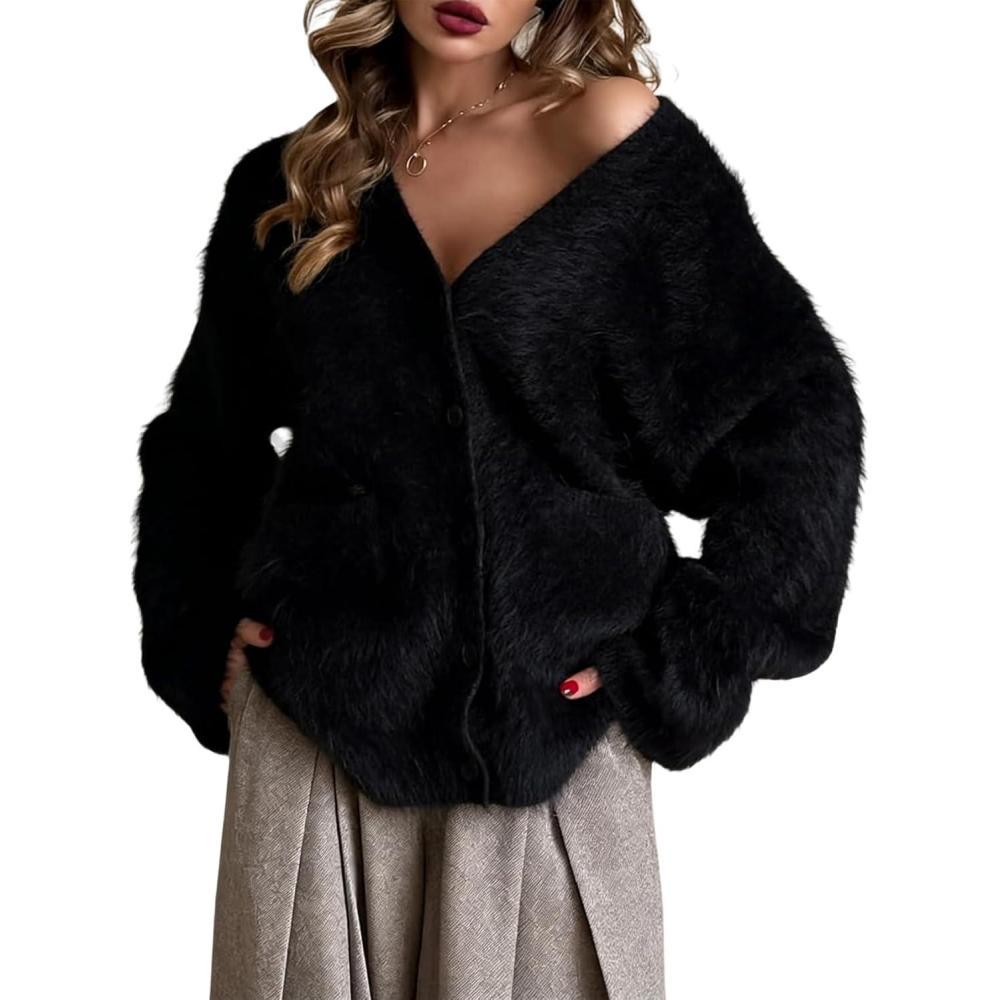 imageGihuo Women s Fuzzy Cardigan Sweaters V Neck Fluffy Cardigan Long Sleeve Button Down Knit Furry Sweater with PocketsBlack