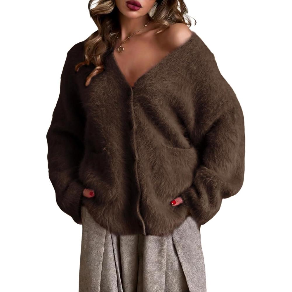 imageGihuo Women s Fuzzy Cardigan Sweaters V Neck Fluffy Cardigan Long Sleeve Button Down Knit Furry Sweater with PocketsCoffee