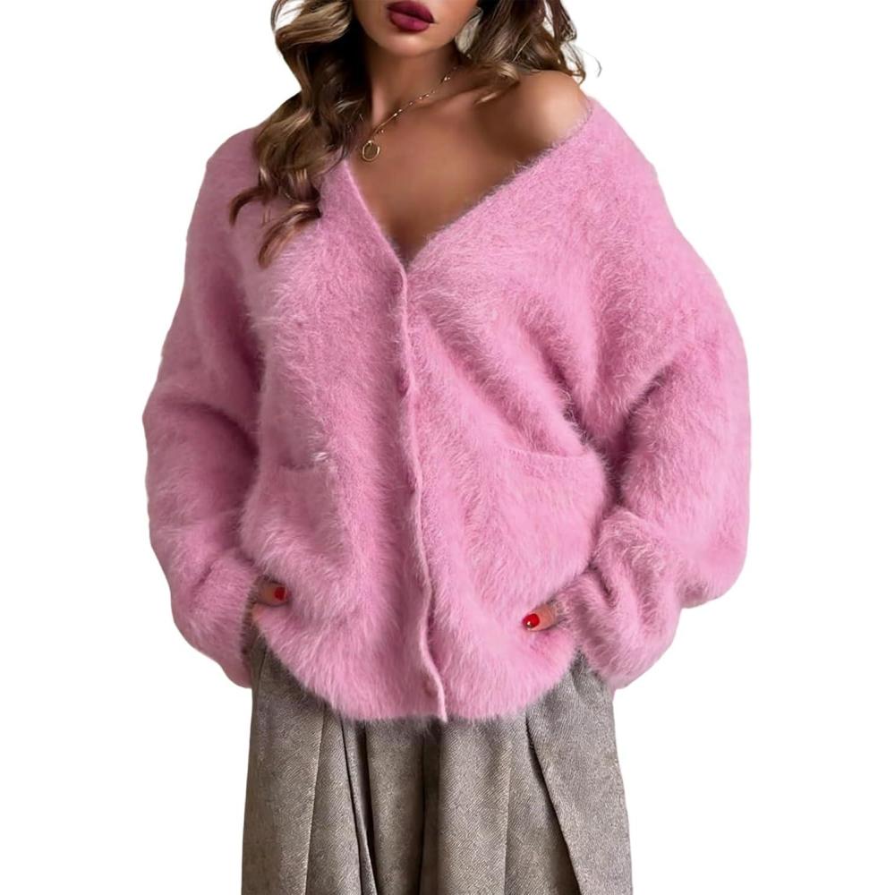 imageGihuo Women s Fuzzy Cardigan Sweaters V Neck Fluffy Cardigan Long Sleeve Button Down Knit Furry Sweater with PocketsPink