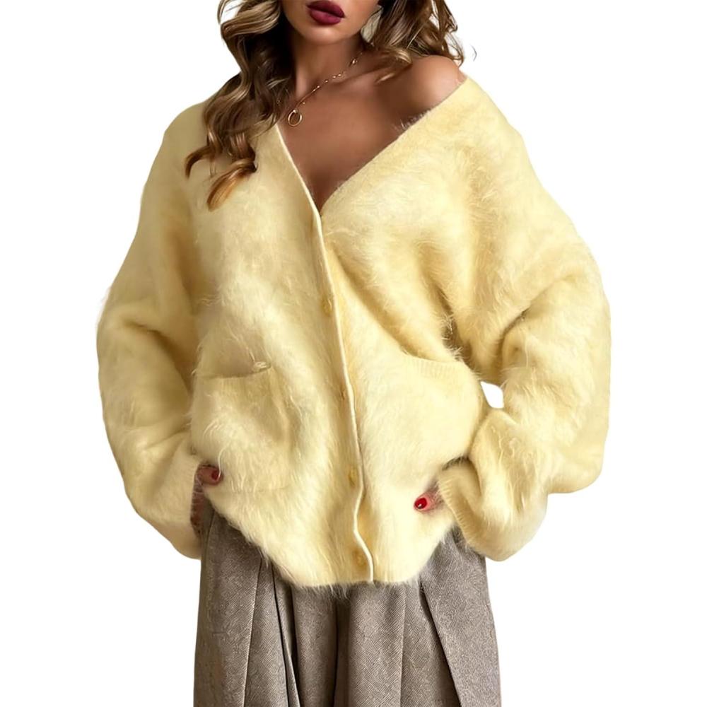 imageGihuo Women s Fuzzy Cardigan Sweaters V Neck Fluffy Cardigan Long Sleeve Button Down Knit Furry Sweater with PocketsYellow