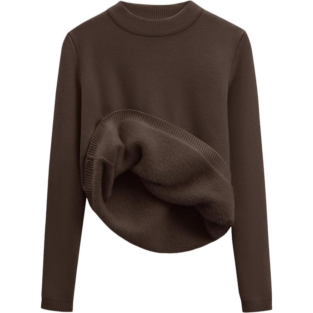 imageGihuo Womens Fleece Sweaters Sherpa Lined Thermal Shirts Long Sleeve Warm Base Layer 2026 Knit Fall SweatersCoffee