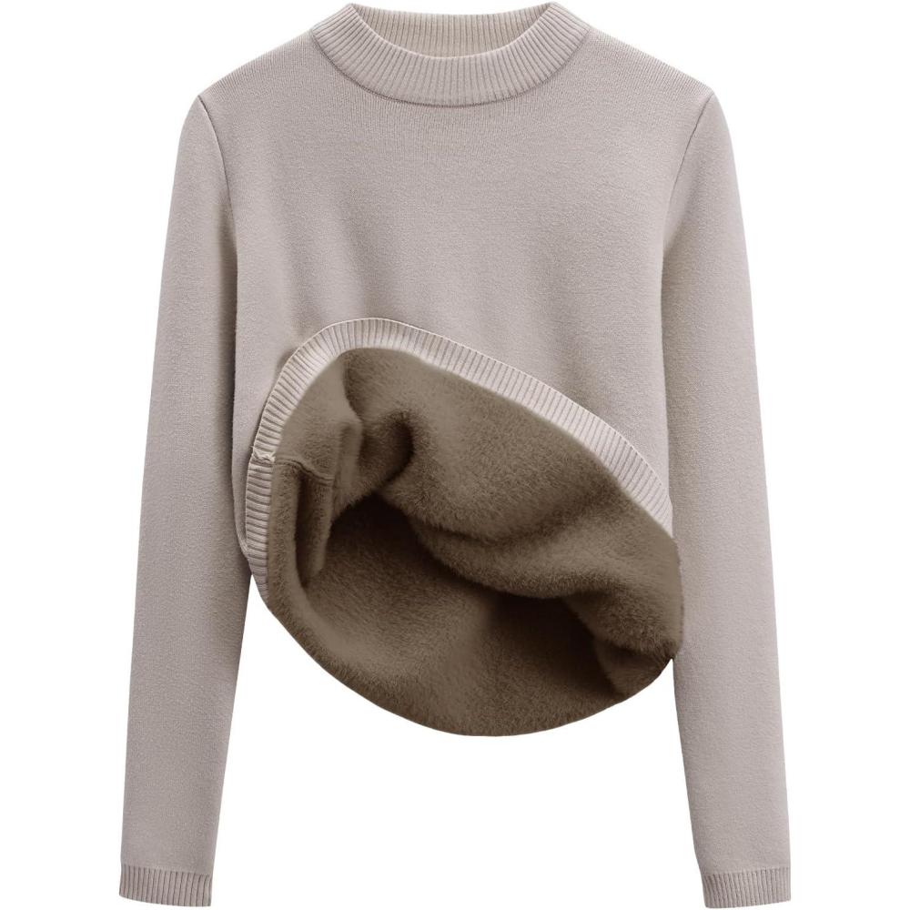 imageGihuo Womens Fleece Sweaters Sherpa Lined Thermal Shirts Long Sleeve Warm Base Layer 2026 Knit Fall SweatersOats