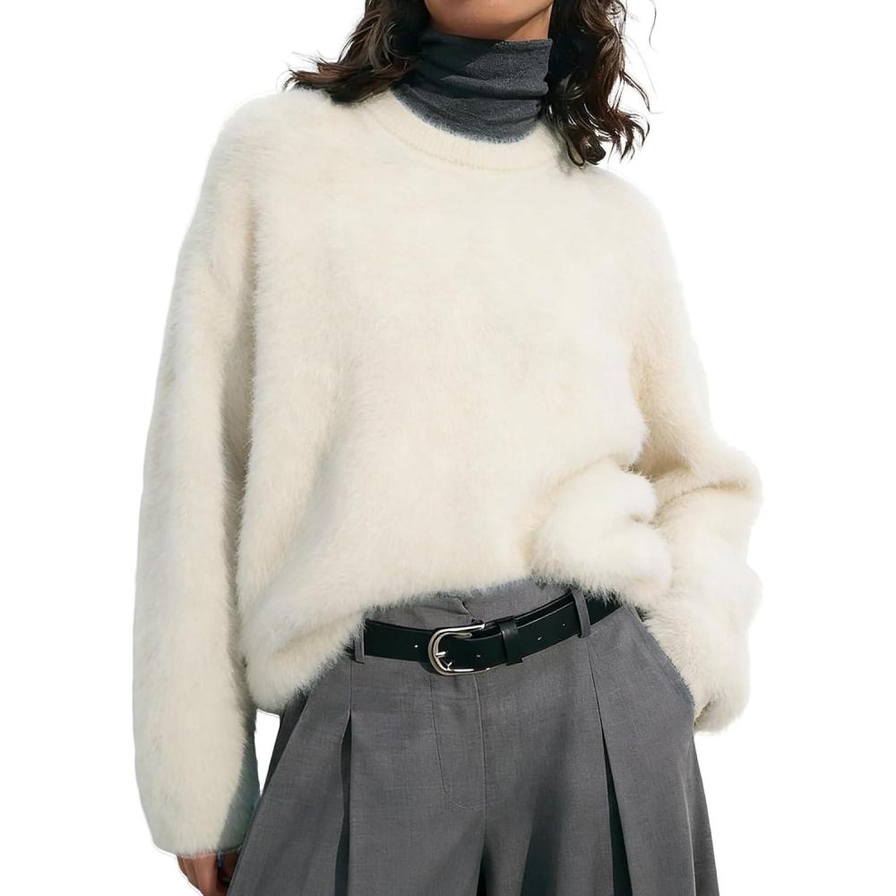 imageGihuo Womens Fuzzy Sweaters Long Sleeve Pullover Fur Sweater Knit Sweater Jumper TopsBeige