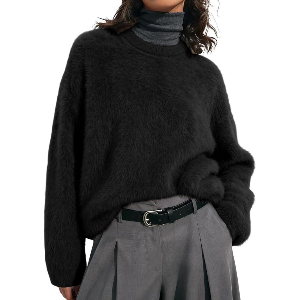 imageGihuo Womens Fuzzy Sweaters Long Sleeve Pullover Fur Sweater Knit Sweater Jumper TopsBlack