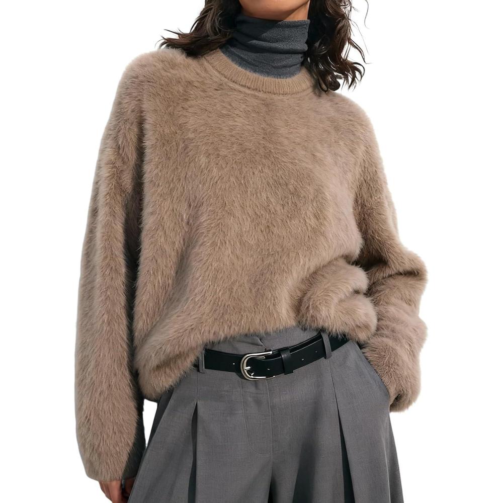 imageGihuo Womens Fuzzy Sweaters Long Sleeve Pullover Fur Sweater Knit Sweater Jumper TopsKhaki