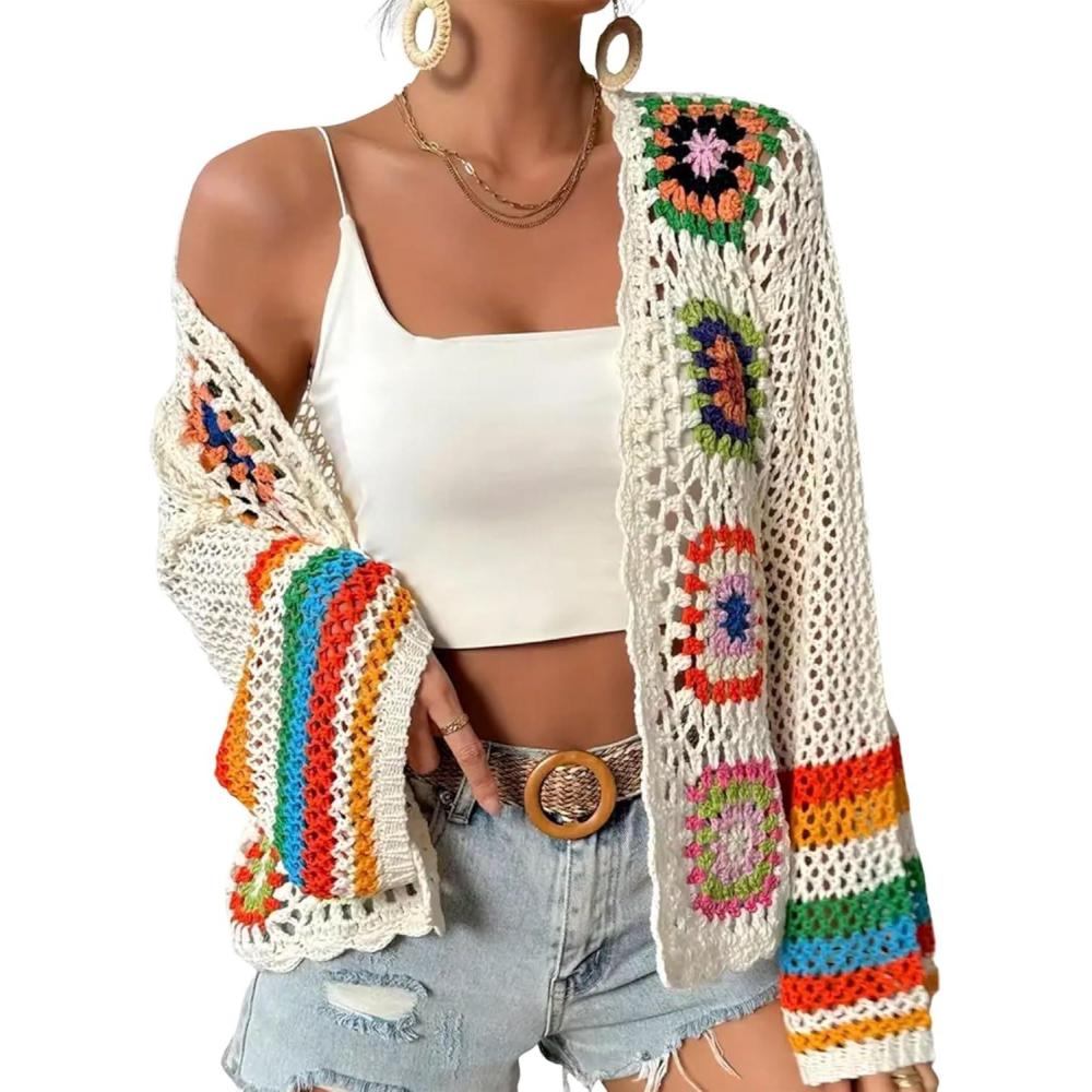 imageWomens Floral Crochet Cardigan Boho Hollow Out Sweater CardiganApricot