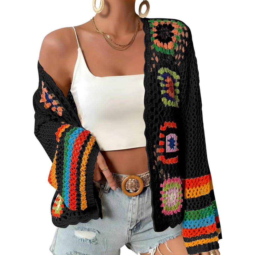 imageWomens Floral Crochet Cardigan Boho Hollow Out Sweater CardiganBlack