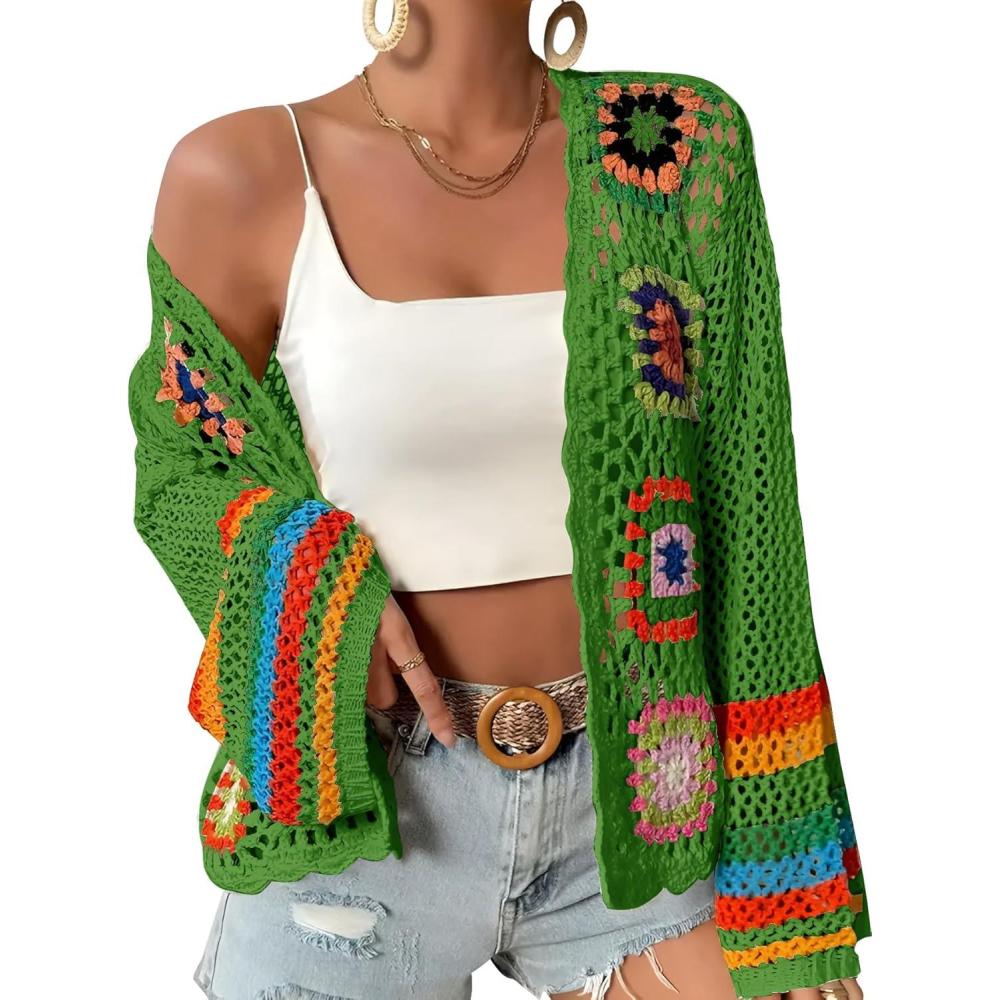 imageWomens Floral Crochet Cardigan Boho Hollow Out Sweater CardiganGreen