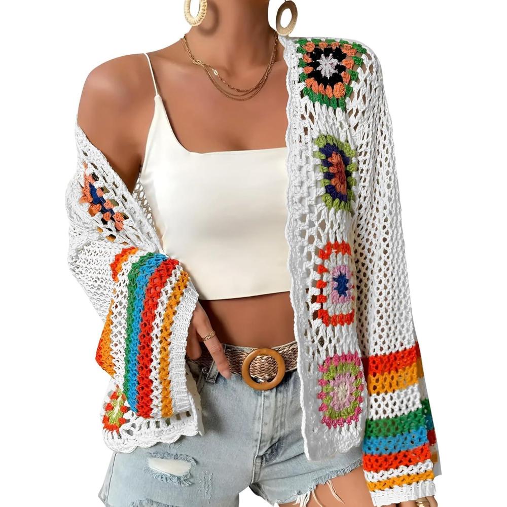 imageWomens Floral Crochet Cardigan Boho Hollow Out Sweater CardiganWhite