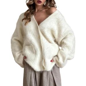 Gihuo Women’ s Fuzzy Cardigan Sweaters V Neck Fluffy Cardigan Long Sleeve Button Down Knit Furry Sweater with Pockets(Apricot)