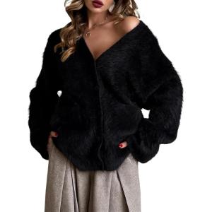 Gihuo Women’ s Fuzzy Cardigan Sweaters V Neck Fluffy Cardigan Long Sleeve Button Down Knit Furry Sweater with Pockets(Black)