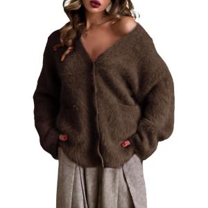 Gihuo Women’ s Fuzzy Cardigan Sweaters V Neck Fluffy Cardigan Long Sleeve Button Down Knit Furry Sweater with Pockets(Coffee)