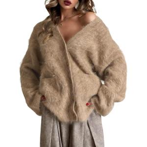 Gihuo Women’ s Fuzzy Cardigan Sweaters V Neck Fluffy Cardigan Long Sleeve Button Down Knit Furry Sweater with Pockets(Khaki)