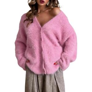 Gihuo Women’ s Fuzzy Cardigan Sweaters V Neck Fluffy Cardigan Long Sleeve Button Down Knit Furry Sweater with Pockets(Pink)