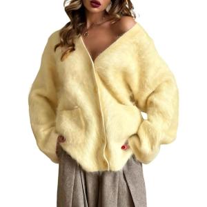 Gihuo Women’ s Fuzzy Cardigan Sweaters V Neck Fluffy Cardigan Long Sleeve Button Down Knit Furry Sweater with Pockets(Yellow)