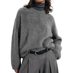 Gihuo Womens Fuzzy Sweaters Long Sleeve Pullover Fur Sweater Knit Sweater Jumper Tops(Darkgrey)