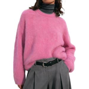 Gihuo Womens Fuzzy Sweaters Long Sleeve Pullover Fur Sweater Knit Sweater Jumper Tops(Pink)