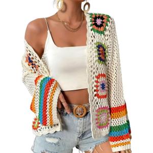 Women’s Floral Crochet Cardigan Boho Hollow Out Sweater Cardigan(Apricot)