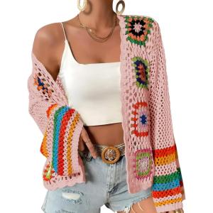 Women’s Floral Crochet Cardigan Boho Hollow Out Sweater Cardigan(Pink)