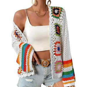 Women’s Floral Crochet Cardigan Boho Hollow Out Sweater Cardigan(White)